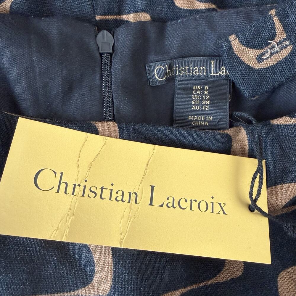 Christian Lacroix Linen Blend A-Line Square Neck Midi Dress 8 Black Tan Retro - Picture 2 of 12